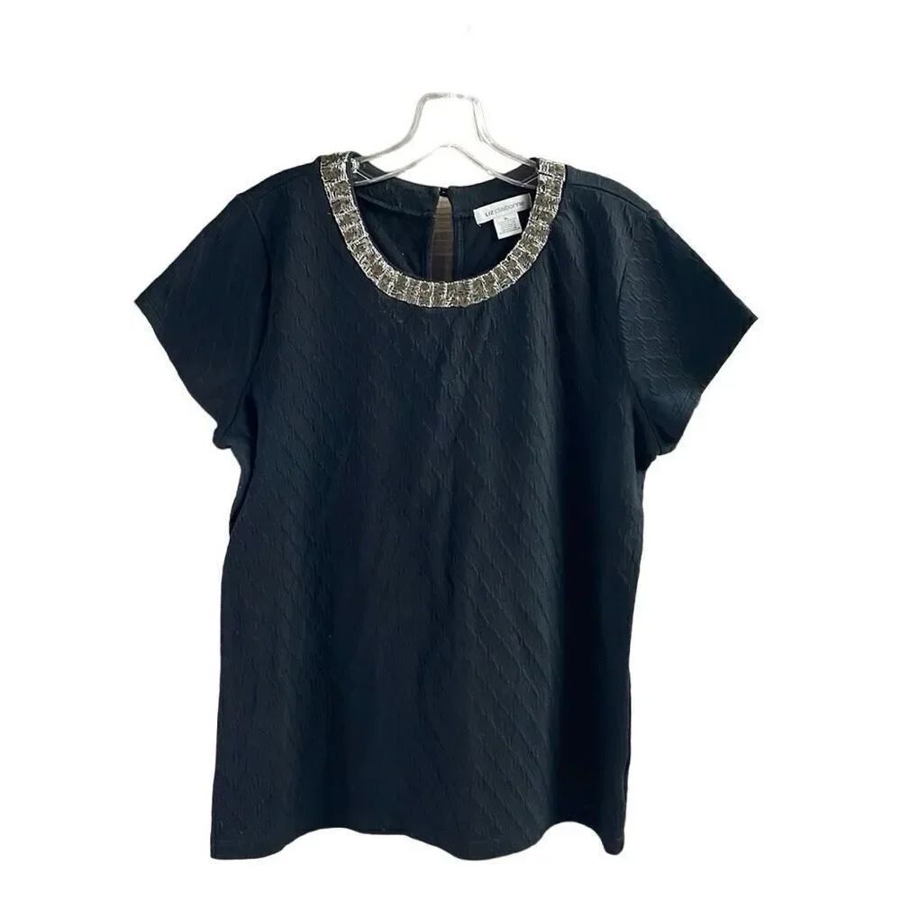 LIZ CLAIBORNE Ladies Black Sequined Neckline Short Sleeve Top SZ XL Black Gold